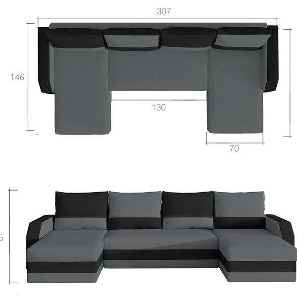 Rohová sedačka U s rozkladom a úložným priestorom Murino L/P - svetlosivá / čierna