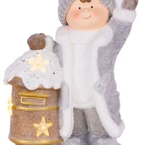 Dekorácia MagicHome Vianoce, Chlapček so schránkou, 1 LED, 3xAA, keramika, 33x23x45 cm
