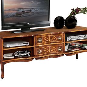 Estila Luxusný rustikálny TV stolík Clasica z masívu so štyrmi poličkami a dvomi zásuvkami zdobenými intarziou 158cm