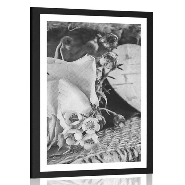 Plagát s paspartou ruža a srdiečko v jute v čiernobielom prevedení - 60x90 white