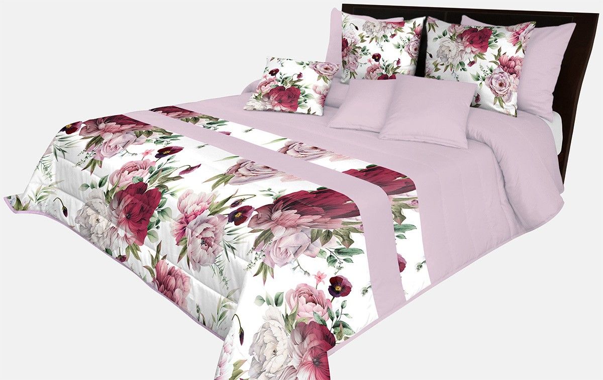 DomTextilu Prešívaný prehoz na posteľ v svetlo fialovej farbe s dokonalou potlačou ružových pivonií Šírka: 220 cm | Dĺžka: 240 cm 65857-239502