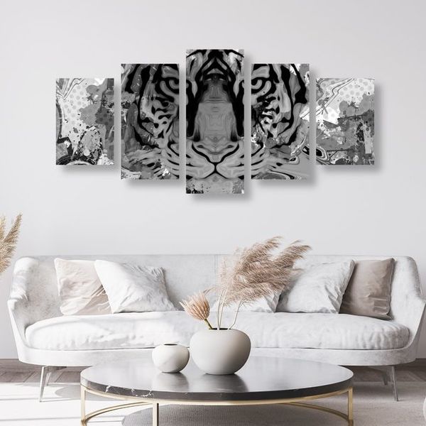 5-dielny obraz tigria hlava v čiernobielom prevedení - 200x100