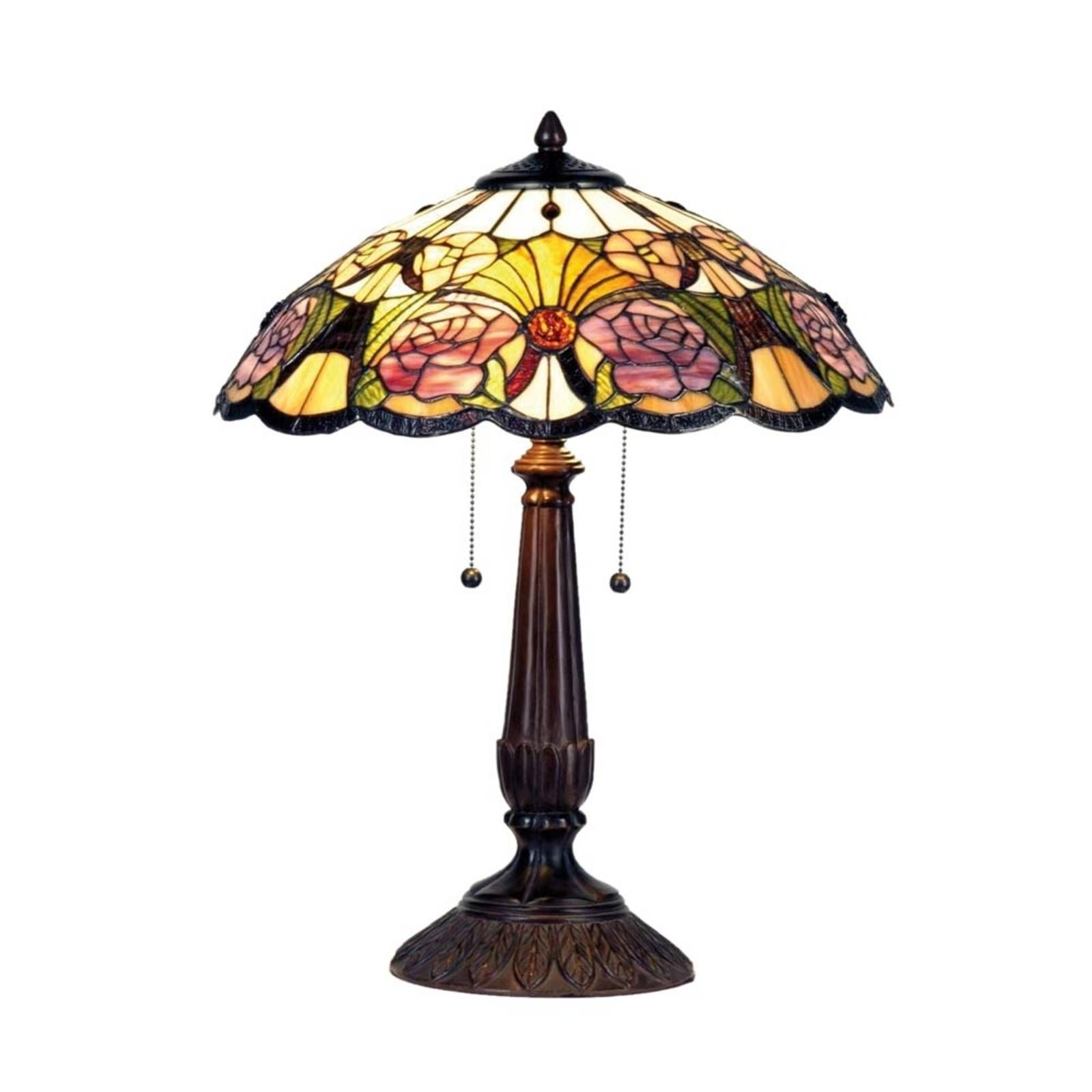 Clayre&Eef Kvetinová stolná lampa Rose, v štýle Tiffany, Obývacia izba / jedáleň, sklo, polyrezín, E27, 60W, K: 57cm
