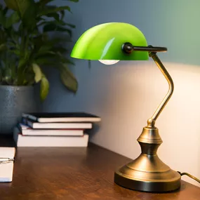 Klasická stolová lampa / notárska lampa bronzová so zeleným sklom - Banker