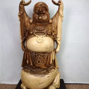 Socha HAPPY BUDHA 100 cm, ručná práca, exotické drevo, Indonézia