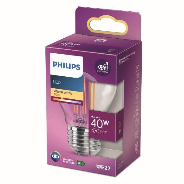 Philips 8718699763176 LED žiarovka 1x4,3W | E27 | 470lm | 2700K - teplá biela, číra, EyeComfort