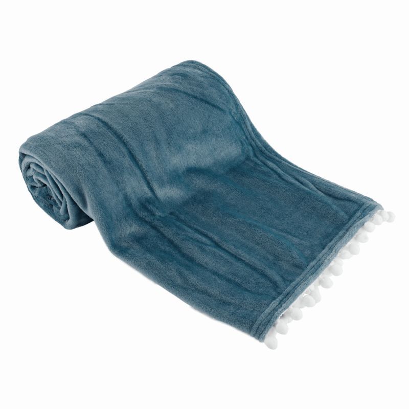 Kondela AKRA, plyšová deka s brmbolcami, oceľová modrá, 130x150 cm