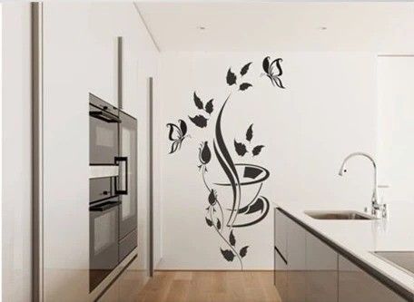 DomTextilu Nálepka na stenu do kuchyne s motívom kvetov, motýľa a šálky 50 x 100 cm