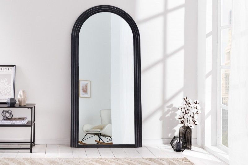 Estila Art deco dizajnové zrkadlo Swan oblúkového tvaru so čiernym kaskádovým rámom 160cm