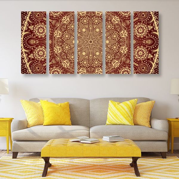 5-dielny obraz okrasná Mandala s krajkou v bordovej farbe - 200x100