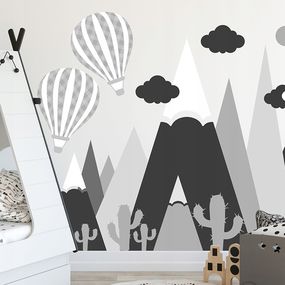 DomTextilu Moderná čierno sivá nálepka na stenu hory a lietajúce balóny 100 x 200 cm 46628  