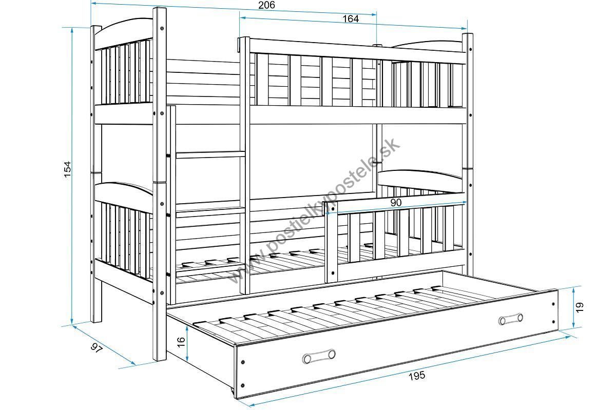 Poschodová posteľ s prístelkou KUBO 3 - 200x90cm Biela - Modrá