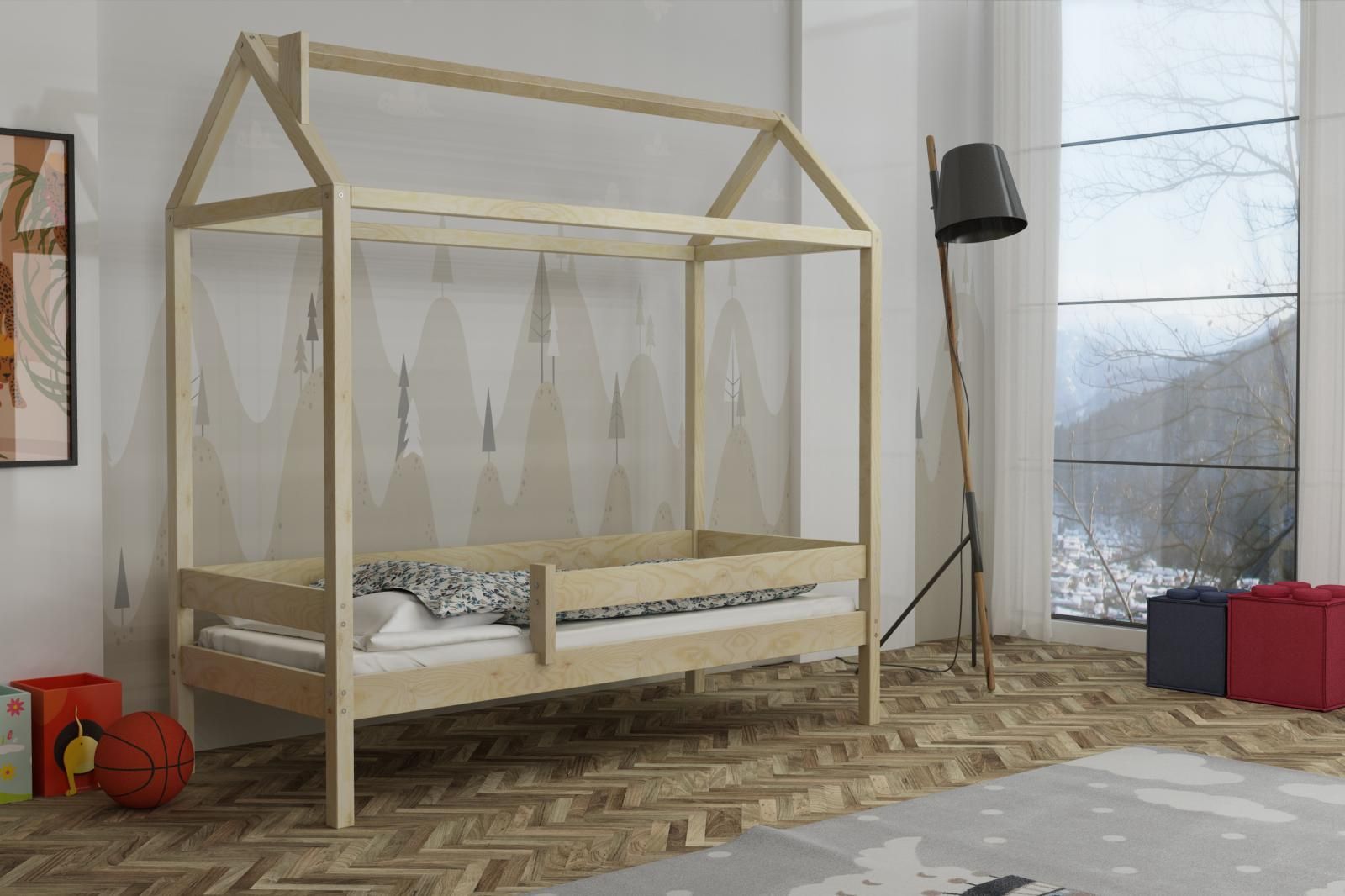 Detská domčeková posteľ z masívu borovice FUNNY HOUSE s prístelkou - 200x90 cm - prírodná