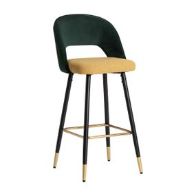Estila Glamour art deco barová stolička Celia so zeleno-žltým poťahom a čiernymi nohami z kovu 103cm