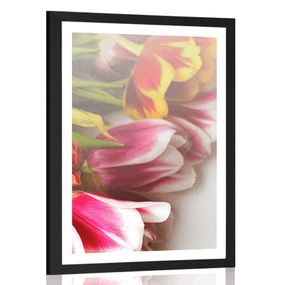 Plagát s paspartou kytica farebných tulipánov - 30x45 black