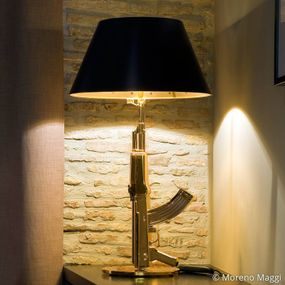 FLOS Table Gun – stolná lampa, zlatá, Obývacia izba / jedáleň, hliník, papier upravený plastom, E27, 105W, K: 92.4cm