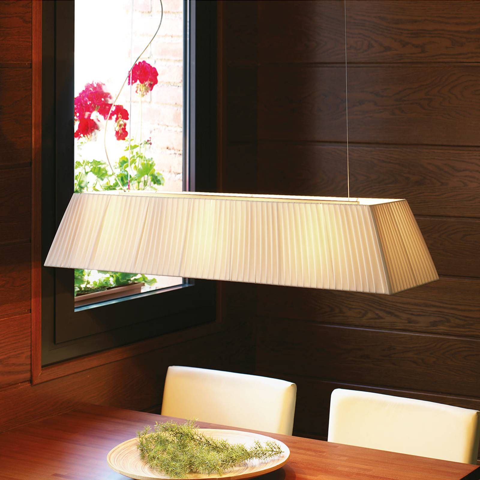 Bover Mei 100 – podlhovastá závesná lampa, krémová, Obývacia izba / jedáleň, železo, PVC, látka, E27, 46W, P: 100 cm, L: 25 cm, K: 20cm