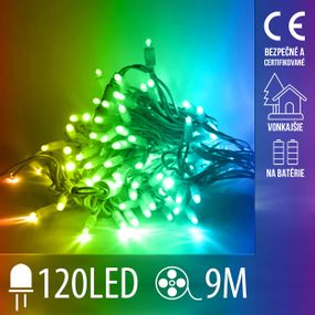 Vianočná led svetelná reťaz vonkajšia na batérie + programator - 120led - 9m multicolour