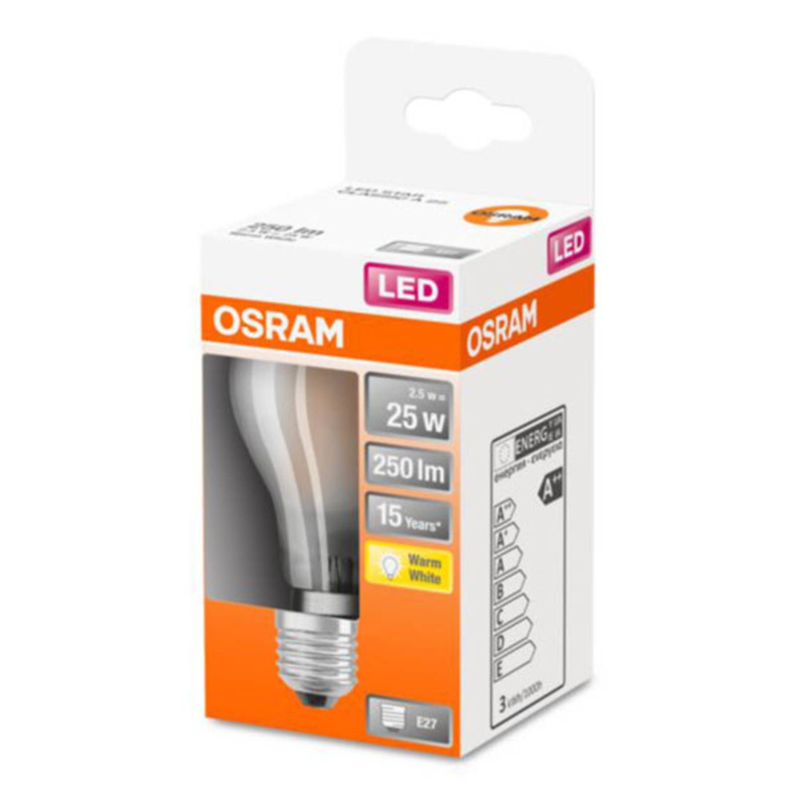 OSRAM ClassicA LED žiarovka E27 2, 5W 2.700K matná, E27, 2.5W, Energialuokka: F, P: 10.5 cm
