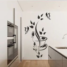 DomTextilu Nálepka na stenu do kuchyne s motívom kvetov, motýľa a šálky 50 x 100 cm