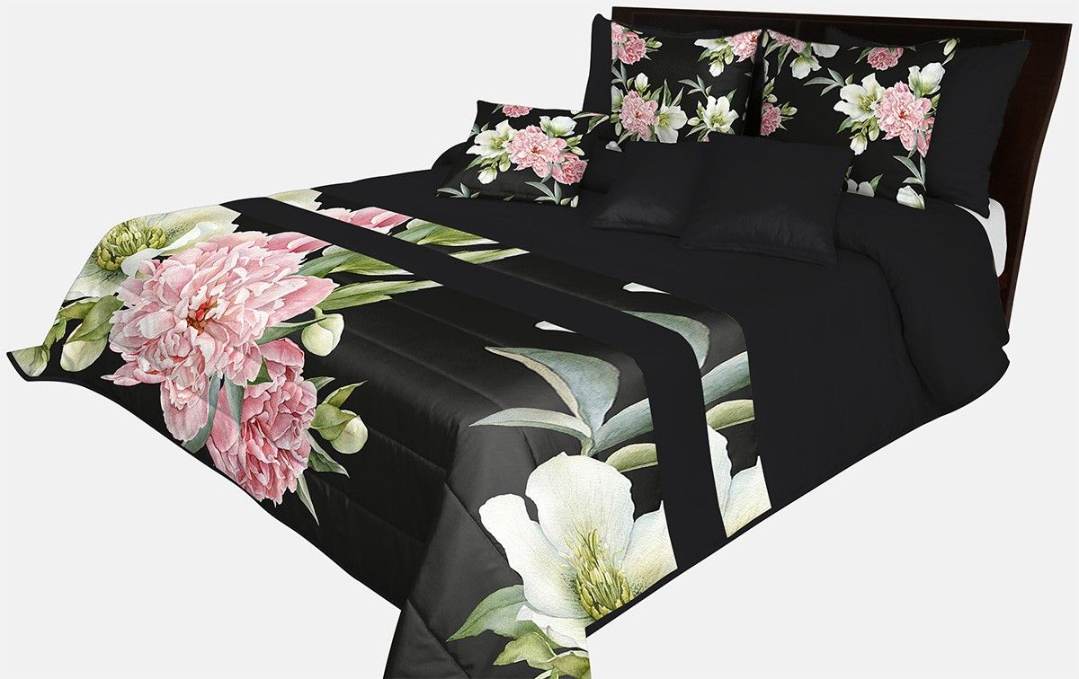 DomTextilu Prešívaný prehoz na posteľ v čiernej farbe s dokonalou potlačou kvetín Šírka: 220 cm | Dĺžka: 240 cm 65861-239530