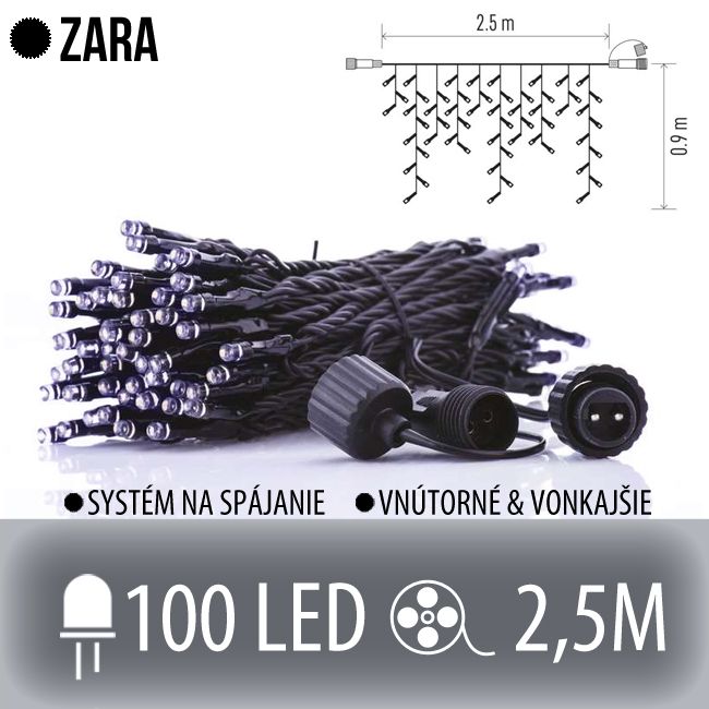 ZARA spojovateľná LED svetelná záclona vonkajšia - 100LED - 2,5M Studená biela