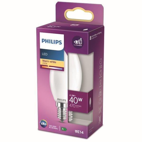 Philips 8718699763398 LED žiarovka 4,3W/40W 470lm B35 E14 2700K celosklenená sviečka