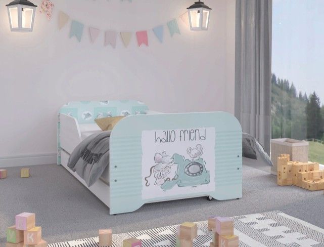 DomTextilu Úchvatná mentolová detská posteľ s myšičkami 140 x 70 cm  Biela 46380