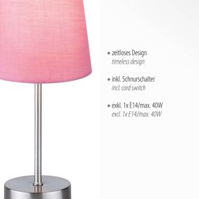 Leuchten Direkt Stolová lampa Heinrich s látkovým tienidlom ružová, Obývacia izba / jedáleň, železo, plast, textil, E14, 40W, K: 32.5cm