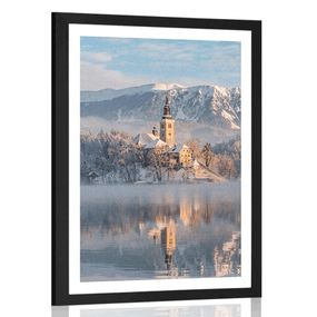 Plagát s paspartou kostol pri jazere Bled v Slovinsku - 40x60 black