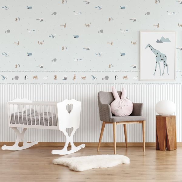 7504-1 ICH Wallcoverings detská samolepiaca modrá bordúra na stenu z kolekcie Noa 2025 zvieratká, veľkosť 16 cm x 5 m