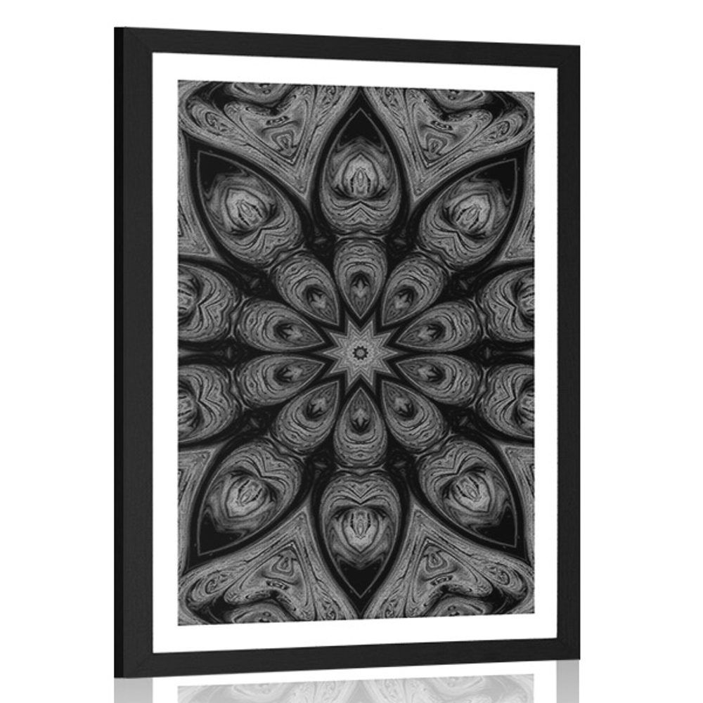 Plagát s paspartou hypnotická Mandala v čiernobielom prevedení - 40x60 black