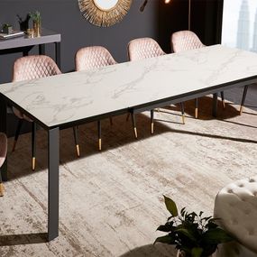 Estila Moderný rozkladací jedálenský stôl Industria Marbleux s čiernymi nožičkami z kovu vzhľad biely mramor obdĺžnikový 180(240)cm