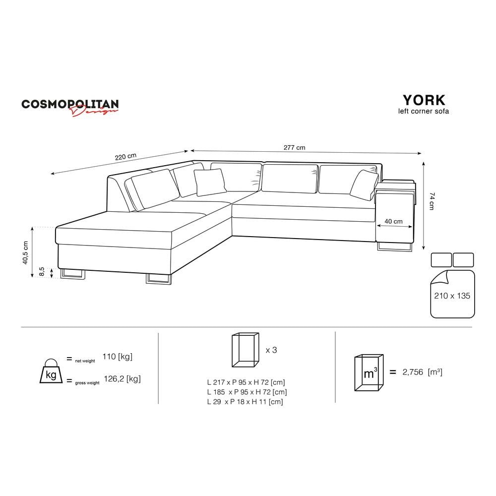 Modrá zamatová rozkladacia rohová pohovka Cosmopolitan Design York, ľavý roh