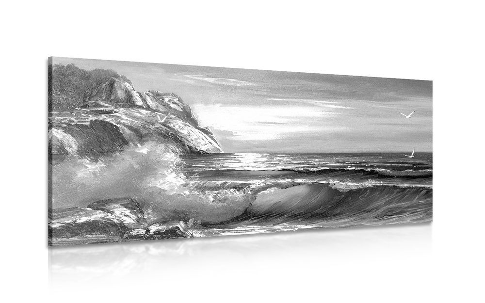 Obraz morské vlny na pobreží v čiernobielom prevedení - 120x60