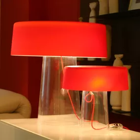 Prandina Glam stolová lampa 48 cm číra/červená, Obývacia izba / jedáleň, ručne fúkané sklo, G9, 60W, K: 48cm