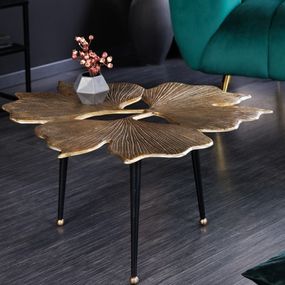 Estila Art-deco kovový konferenčný stolík Ginko v zlatej farbe s troma čiernymi nožičkami 75cm