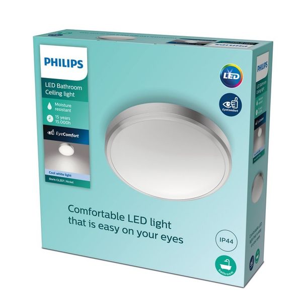 Philips Doris CL257 LED kúpeľňové stropné svietidlo 1x17W | 1700lm | 4000K | IP44 - ochrana EyeComfort, nikel