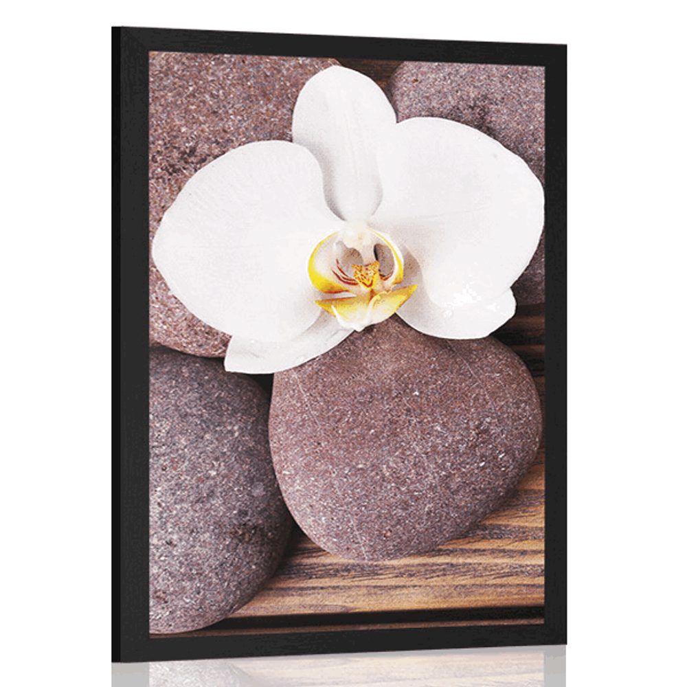 Plagát wellness kamene a orchidea na drevenom pozadí - 30x45 silver