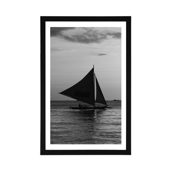 Plagát s paspartou nádherný západ slnka na mori v čiernobielom prevedení - 60x90 white