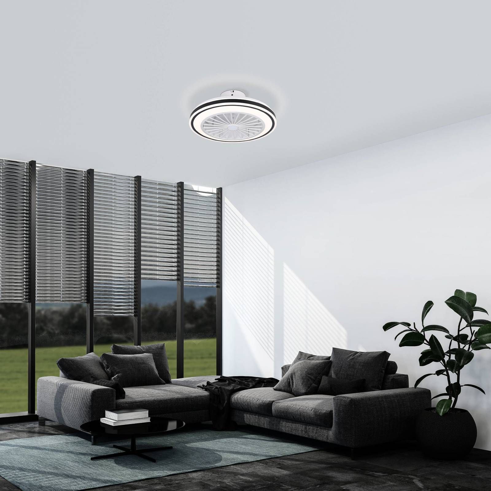 EGLO Stropný ventilátor Almeria LED CCT, biela/čierna, Obývacia izba / jedáleň, ABS, akryl, 8.5W, K: 20cm