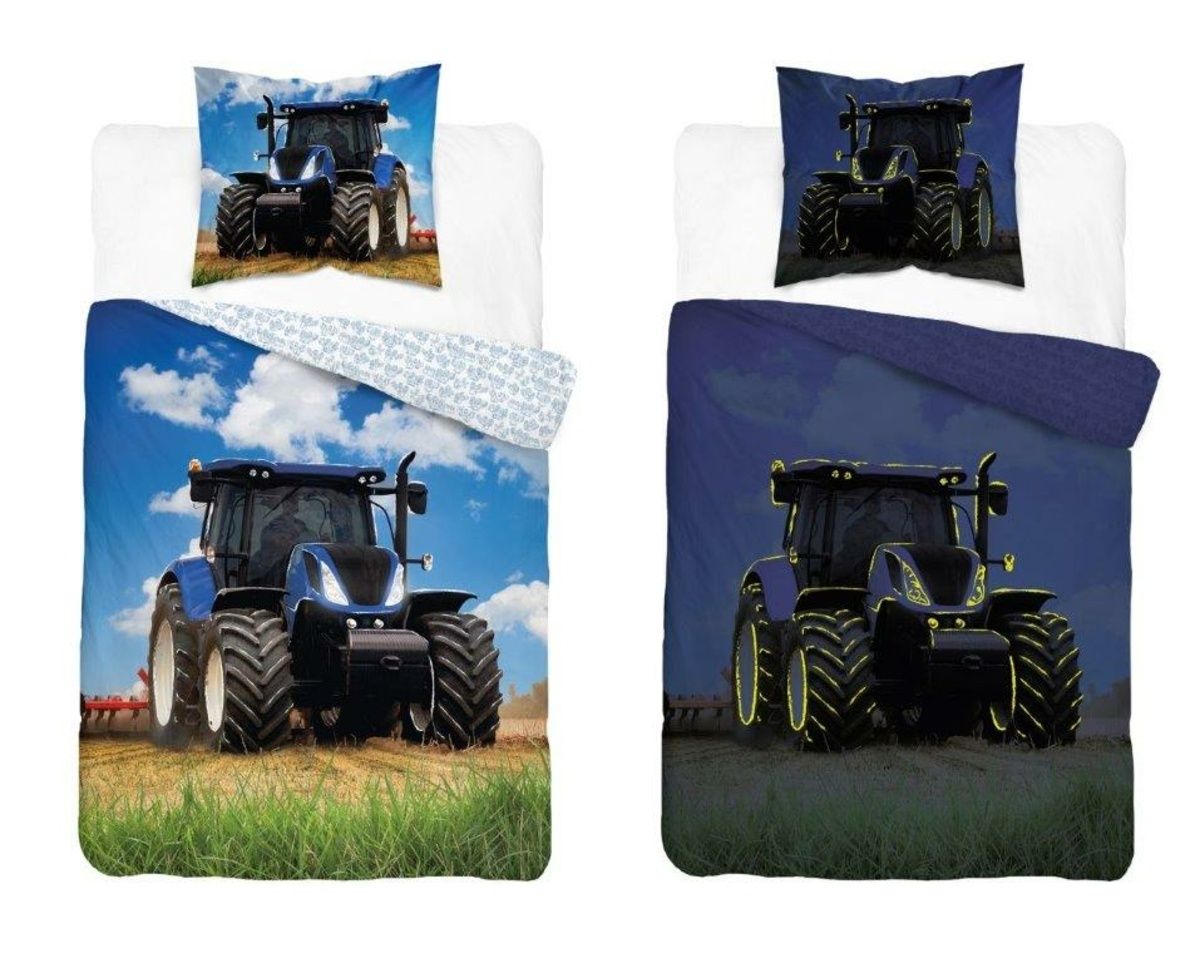 Svietiace obliečky bavlnené, FLUO Traktor modrý