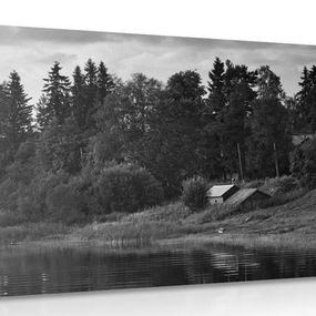 Obraz rozprávkové domčeky pri rieke v čiernobielom prevedení