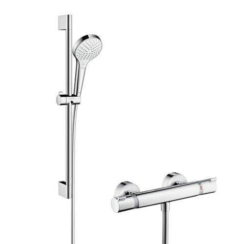 HansGrohe Croma Select S - Sprchová súprava Vario s termostatom, 3 prúdy, sprchová tyč 650 mm, biela/chróm 27013400