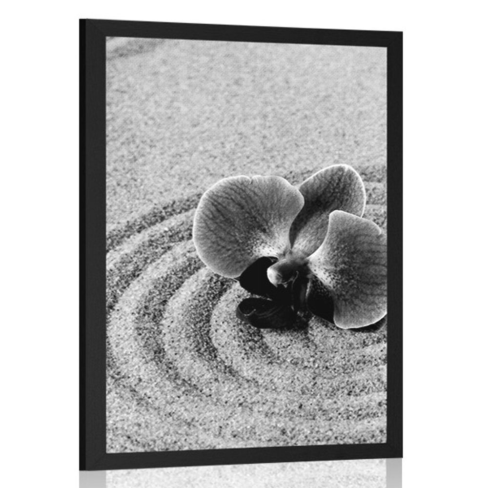 Plagát piesočnatá Zen záhrada s orchideou v čiernobielom prevedení - 60x90 black