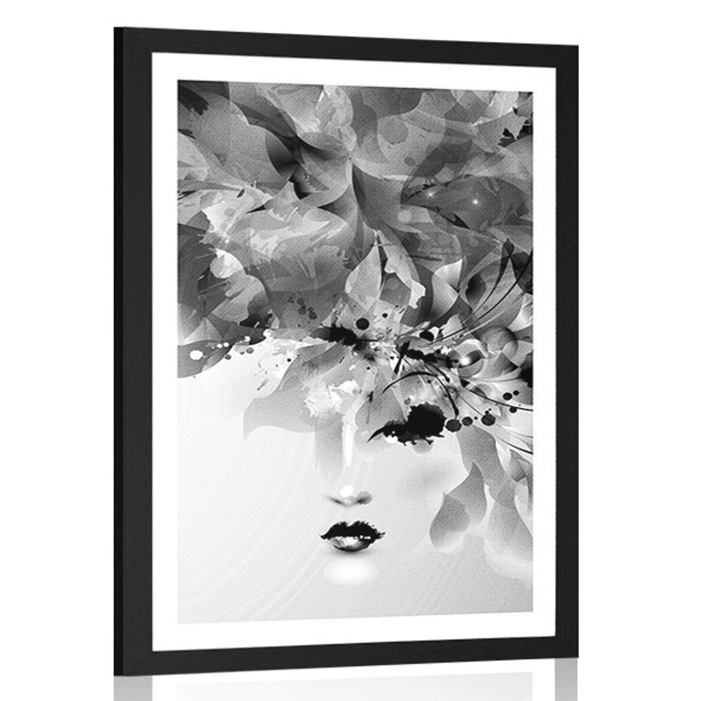 Plagát s paspartou módna ženská tvár s abstraktnými prvkami v čiernobielom prevedení - 60x90 black