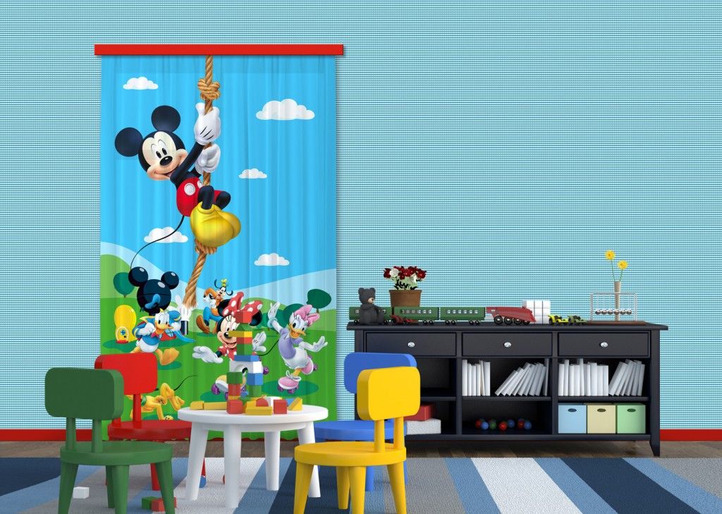 FCP L 6106 AG Design textilný foto záves detský obrazový Mickey on Rope - Mickey na lane Disney FCPL 6106 s úplným zatienením, veľkosť 140 x 245 cm