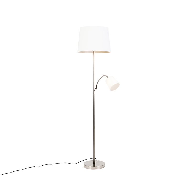 Klasická stojaca lampa z ocele s bielym tienidlom a svetlom na čítanie - Retro