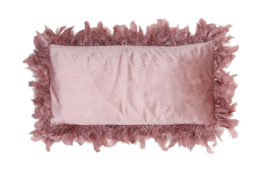 Ružový zamatový vankúš s pierkami Plumas - 60 * 30 cm