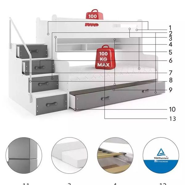 MAX 3 - Poschodová posteľ rozšírená - 200x120cm - Biely - Grafitový